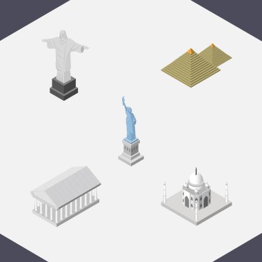 İzometrik mimari Mısır, Hindistan Camii, New York ve diğer vektör nesneleri kümesi. Ayrıca heykel, Akropolis, kurtarıcı öğeleri içerir.