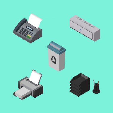 İzometrik kabine baskı makinesi ve diğer vektör nesneleri ofis telefon, Resepsiyon dosya raf, ayarlayın. Önemsiz, Bin, çöp kutusu öğeleri de içerir.