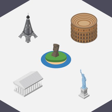 İzometrik mimari Coliseum, New York, Atina ve diğer vektör nesneleri kümesi. Ayrıca Paris, Roma, özgürlük öğeleri içerir.