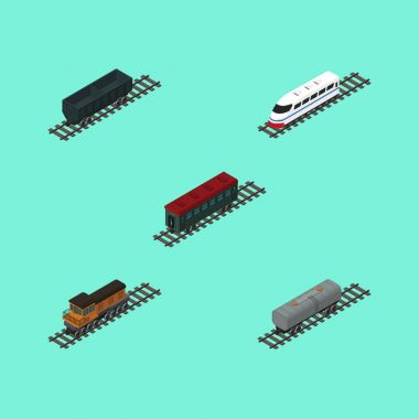 İzometrik vagon karbon demiryolu konteyner, metro araç, tren ve diğer vektör nesneleri kümesi. Ayrıca petrol, hız, lokomotif öğeleri içerir.