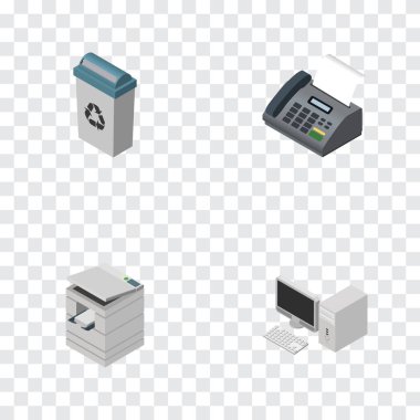 İzometrik çalışma bilgisayar, ofis telefon, tarayıcı ve diğer vektör nesneleri kümesi. Ayrıca çöp, Pc, masaüstü öğeleri içerir.