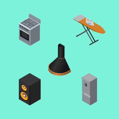 İzometrik cihaz bez demir, hava Extractor, müzik kutusu ve diğer vektör nesneleri kümesi. Ayrıca Ocak, buzdolabı, Pano öğeleri içerir.