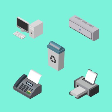 Duvar izometrik çalışma kümesi soğutucu, bilgisayar, Çöp konteyner ve diğer vektör nesneleri. Ayrıca hava, çöp kutusu, saç kremi öğeleri içerir.