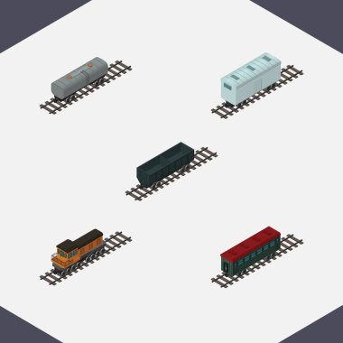 İzometrik demiryolu tren, demiryolu taşıma, petrol vagon ve diğer vektör nesneleri kümesi. Ayrıca Metal, vagon, satır öğeleri içerir.