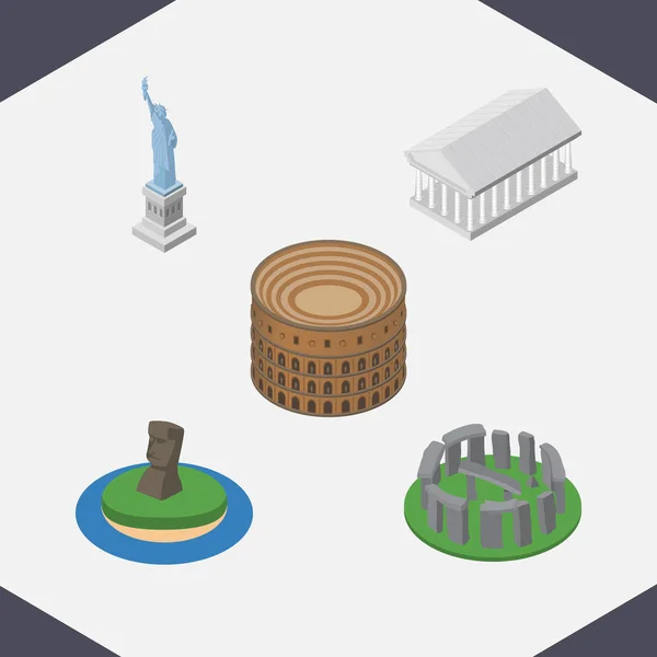 Ciudades isométricas Conjunto de Coliseo, Nueva York, Atenas y otros objetos vectoriales. También incluye Coliseo, América, Elementos de la Acrópolis . — Vector de stock