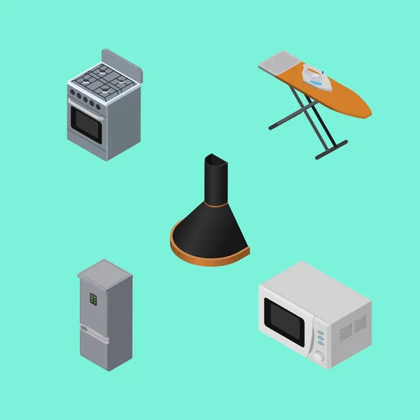 Set de electrodomésticos isométricos de microondas, estufa, plancha de tela y otros objetos vectoriales. También incluye tela, estufa, elementos del extractor . — Vector de stock