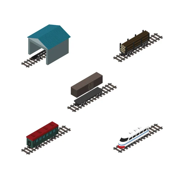 Isometrische Zuggarnitur aus U-Bahn, U-Bahn, Depot und anderen Vektorobjekten. umfasst auch Holz, Container, Wagenelemente. — Stockvektor