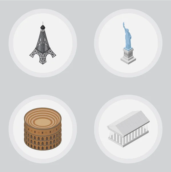 Isometric Attraction Set Of Paris, New York, Athens And Other Vector Objects. Also Includes Statue, Rome, America Elements.