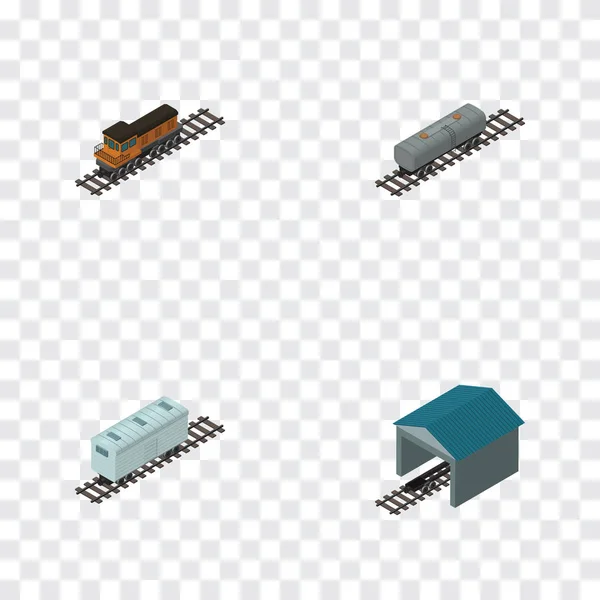 Isometrischer Waggonsatz aus Eisenbahnwagen, Zug, Ölwagen und anderen Vektorobjekten. umfasst auch Waggon, Eisenbahn, Erdölelemente. — Stockvektor