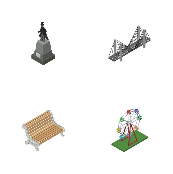 Isométrico conjunto urbano de recreación, escultura, puente y otros objetos vectoriales. También incluye Estatua, Parque, Elementos de Asiento . — Vector de stock