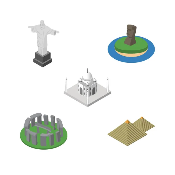 Conjunto de Arquitectura Isométrica de la Mezquita de la India, Inglaterra, Chile Vector Objects. También incluye Taj, Chile, Elementos Monumentos . — Vector de stock