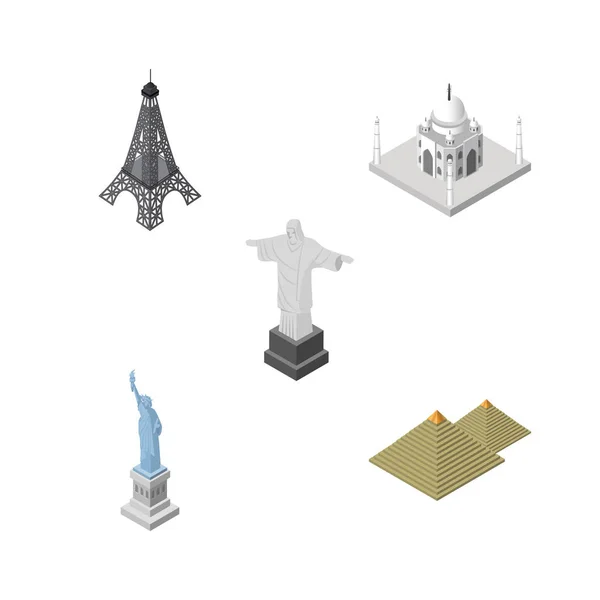 Isometric Architecture Set Of Paris, New York, India Mosque And Other Vector Objects. Also Includes Paris, Statue, Liberty Elements.