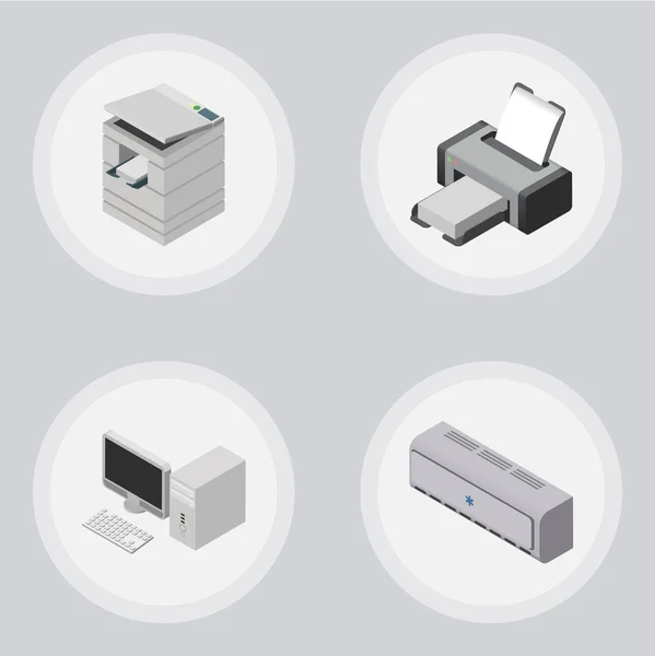 Set de escáner de oficina isométrico, computadora, refrigerador de pared y otros objetos vectoriales. También incluye impresión, impresora, elementos de aire . — Vector de stock