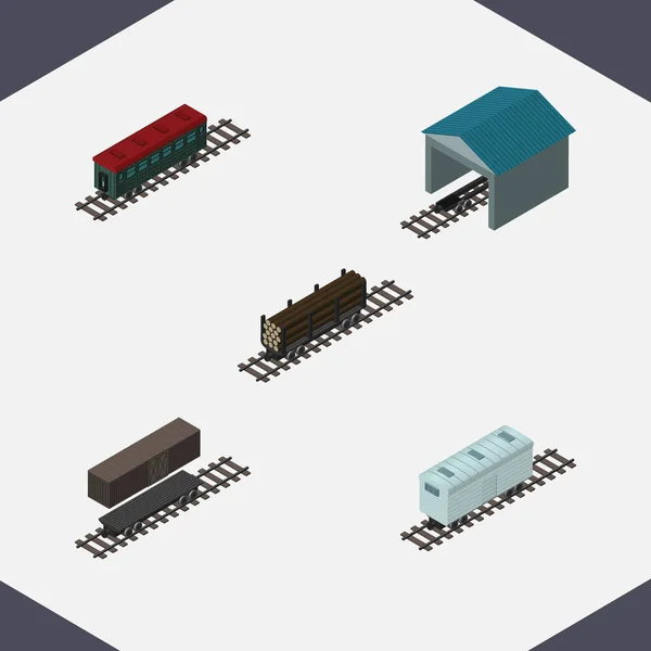 Conjunto de vagones isométricos de vehículo subterráneo, depósito, envío de madera y otros objetos vectoriales. También incluye contenedor, ferrocarril, elementos de vagón . — Vector de stock