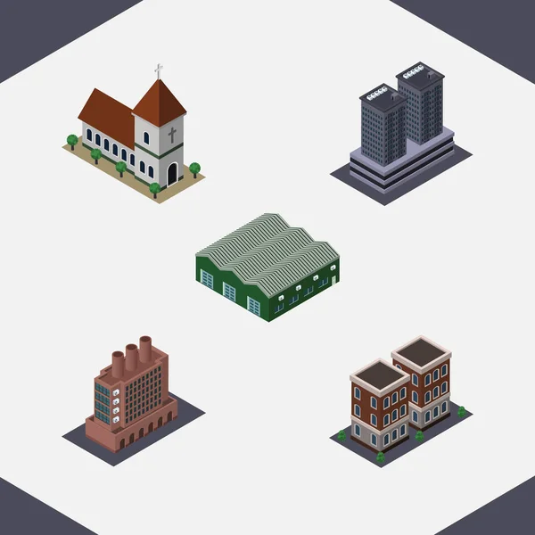 Isometrisches urbanes Set aus Kapelle, Turm, Industrie und anderen Vektorobjekten. umfasst auch Wohnhaus, Turm, Depotelemente. — Stockvektor