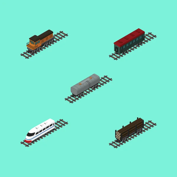 Isometrische treinset voor olie Wagon, metro, Lumber verzend- en andere vectorobjecten. Ook omvat hout, olie, passagier elementen. — Stockvector