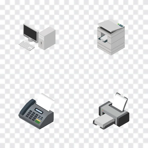 Isometrischer Kabinettssatz aus Computer, Bürotelefon, Druckmaschine und anderen Vektorobjekten. umfasst auch Telefax, Kopierer, Faxelemente. — Stockvektor