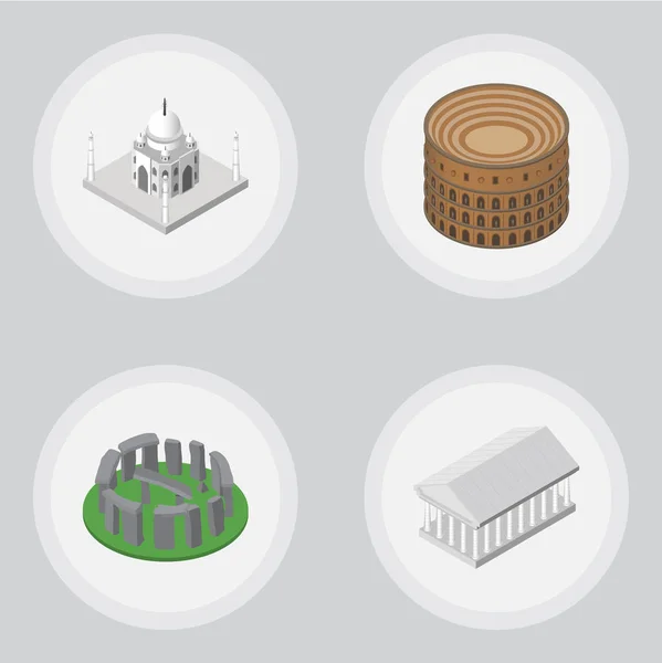 Isométrico conjunto de viajes de Atenas, Inglaterra, India objetos vectoriales mezquita. También incluye Acrópolis, Roma, Elementos del Coliseo . — Vector de stock