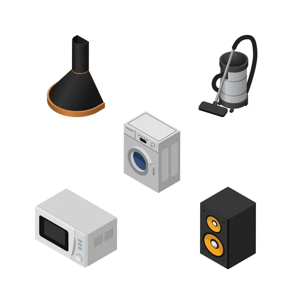 Conjunto de dispositivos isométricos de extractor de aire, lavandería, microondas y otros objetos vectoriales. También incluye Limpiador, Música, Elementos de Capucha . — Vector de stock