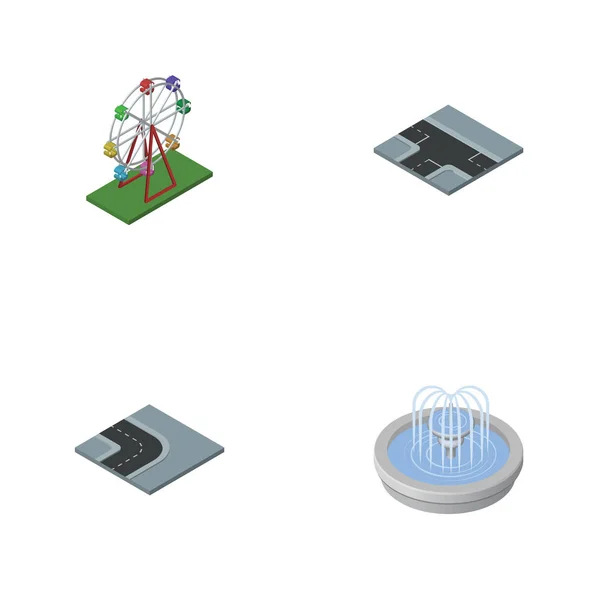 Isometric Architecture Set Of Turning Road, Crossroad, Park Decoration And Other Vector Objects. Also Includes Fountain, Attraction, Wheel Elements.