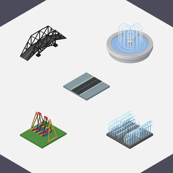 İzometrik şehir yol, Otoyol, Park dekorasyon ve diğer vektör nesneleri kümesi. De içerir karayolu, yol, Park elemanları. — Stok Vektör