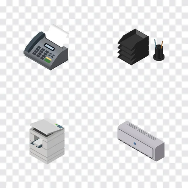 Conjunto de trabajo isométrico de enfriador de pared, teléfono de oficina, estante de archivos de escritorio y otros objetos vectoriales. También incluye fax, refrigerador, elementos de archivo . — Vector de stock