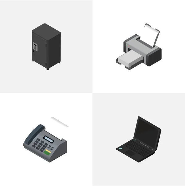 Isometrisches Kabinettsset aus Bürotelefon, Laptop, Druckmaschine und anderen Vektorobjekten. umfasst auch Notizbuch, Safe, verschlossene Elemente. — Stockvektor
