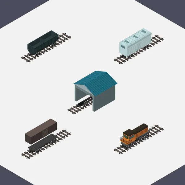 Isometrisches Transportset aus Zug, Kohlenstoff-Eisenbahncontainer, Eisenbahnwagen und anderen Vektorobjekten. umfasst auch Zug, Container, Wagenelemente. — Stockvektor