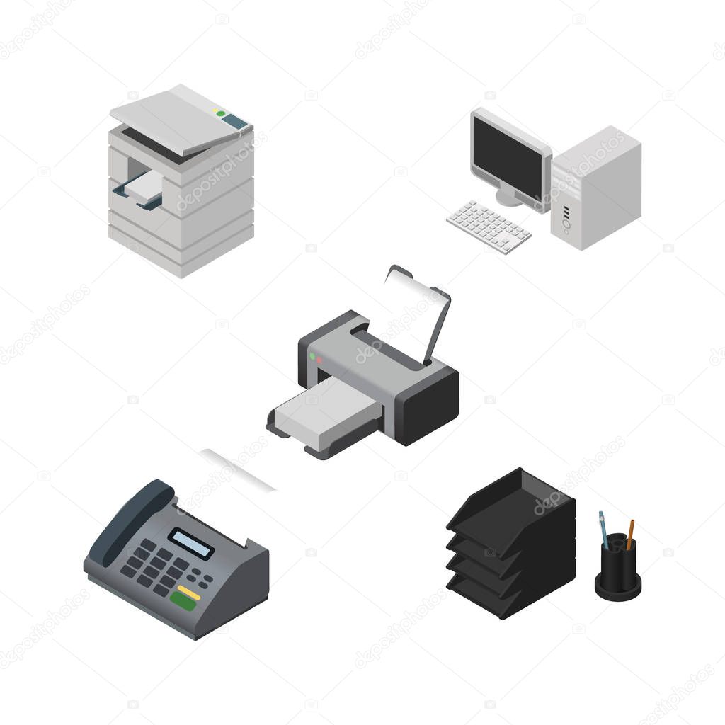 Isometric Business Set Of Printing Machine, Desk File Rack, Scanner And Other Vector Objects. Also Includes PC, Telephone, Rack Elements.