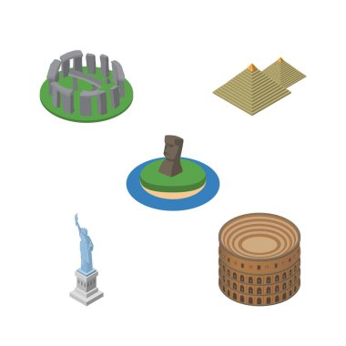 İzometrik mimari Şili, New York, İngiltere'de vektör nesnelerini ayarlayın. Ayrıca piramitleri, Mısır, özgürlük öğeleri içerir.