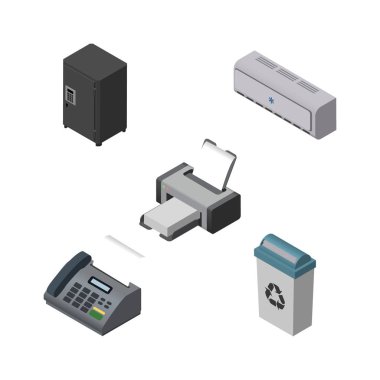 Baskı makinesi, izometrik Office kümesi duvar soğutucu, ofis telefon ve diğer vektör nesneleri. Ayrıca önemsiz, saç kremi, kilitli öğeleri içerir.