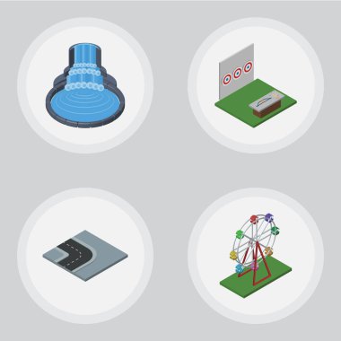 Amaçlayan oyun, dönüm Road, bahçe dekor ve diğer vektör nesneleri izometrik kentsel kümesi. Ayrıca çeşme, cazibe, sıra öğeleri içerir.