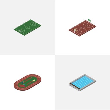 İzometrik eğitim futbol, lavabo, çalışma stadyum ve diğer vektör nesneleri kümesi. Ayrıca Havzası, futbol, Bahçesi öğeleri içerir.