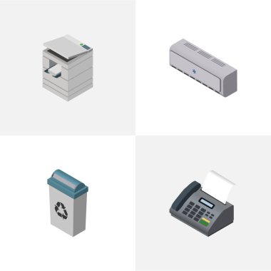 Duvar izometrik çalışma kümesi soğutucu, tarayıcı, ofis telefon ve diğer vektör nesneleri. Ayrıca önemsiz, Fotokopi makinesi, yazıcı öğeleri içerir.