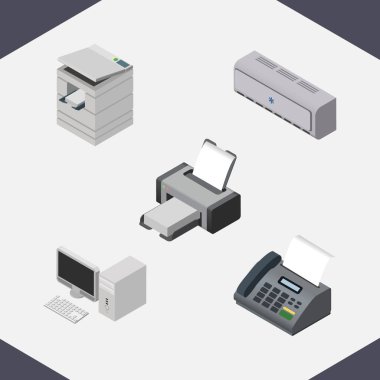 İzometrik iş baskı makinesi bilgisayar, duvar daha serin ve diğer vektör nesnelerini ayarlayın. Ayrıca, yazdırma, Faks, telefaks öğeleri içerir.