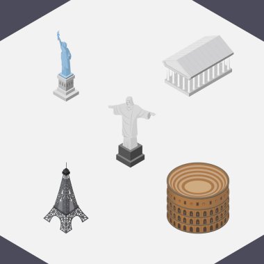 İzometrik mimari Paris, New York, Rio ve diğer vektör nesneleri kümesi. Ayrıca Coliseum, müze, özgürlük öğeleri içerir.