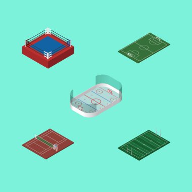 İzometrik yaşam tarzı voleybol, Amerikan Futbolu, futbol ve diğer vektör nesneleri kümesi. Ayrıca dövüş, boks, içerir futbol öğeleri.