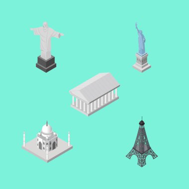 İzometrik şehirler Atina, Paris, Hindistan Camii ve diğer vektör nesneleri kümesi. Ayrıca Atina, heykel, Paris unsurları içerir.