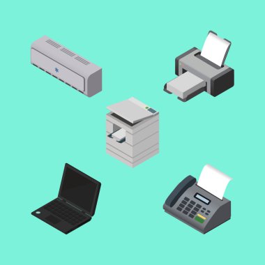 İzometrik kabine Laptop, baskı makinesi, tarayıcı ve diğer vektör nesneleri kümesi. Ayrıca telefon, bilgisayar, makine elemanları içerir.