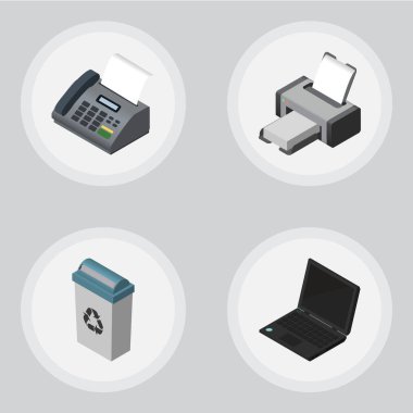 İzometrik çalışma baskı makinesi ve diğer vektör nesneleri ofis telefon, Çöp konteyner, ayarlayın. Ayrıca bilgisayar, yazıcı, defter öğeleri içerir.