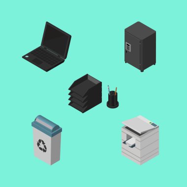 İzometrik Office kasa, Çöp konteyner, Resepsiyon dosya raf ve diğer vektör nesneleri kümesi. Ayrıca önemsiz, dizüstü bilgisayar, tarayıcı öğeleri içerir.