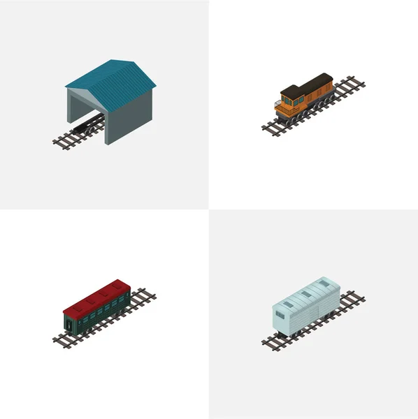 Conjunto de vagões isométricos de veículos de metrô, trem, transporte ferroviário e outros objetos vetoriais. Também inclui trem, ferrovia, elementos de passageiros . — Vetor de Stock