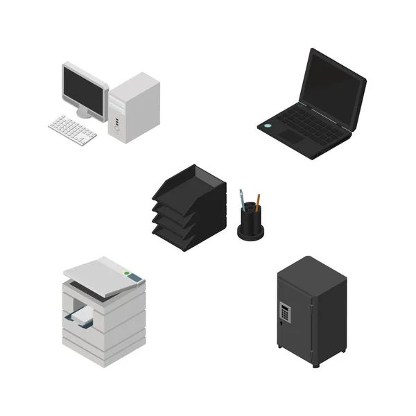 Isometrisches Business-Set aus Schreibtischordner, Laptop, Safe und anderen Vektorobjekten. umfasst auch Computer, Scanner, Desktop-Elemente. — Stockvektor