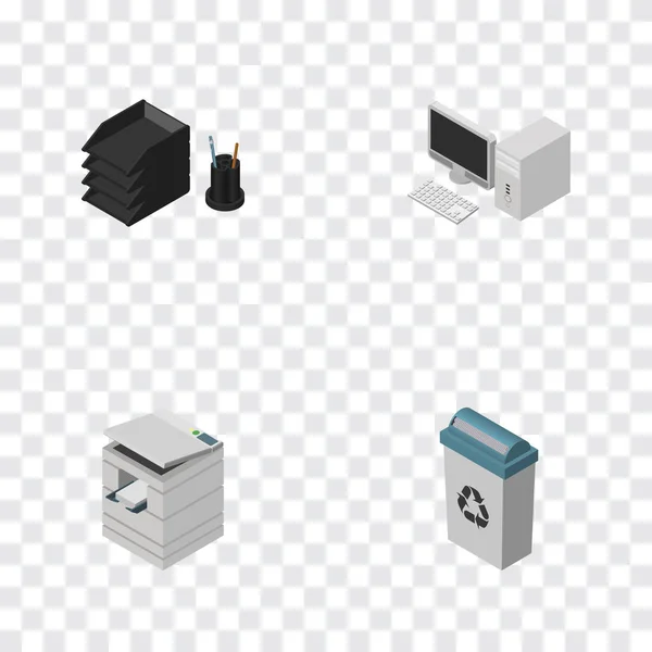 Isometrischer Schrank mit Schreibtischordner, Computer, Scanner und anderen Vektorobjekten. umfasst auch Computer, Datei, PC-Elemente. — Stockvektor