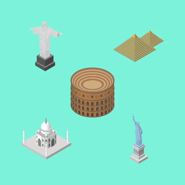 Isométrico conjunto de viajes de la mezquita de la India, Río, Nueva York y otros objetos vectoriales. También incluye Atracción, Cristo, Elementos del Coliseo . — Vector de stock