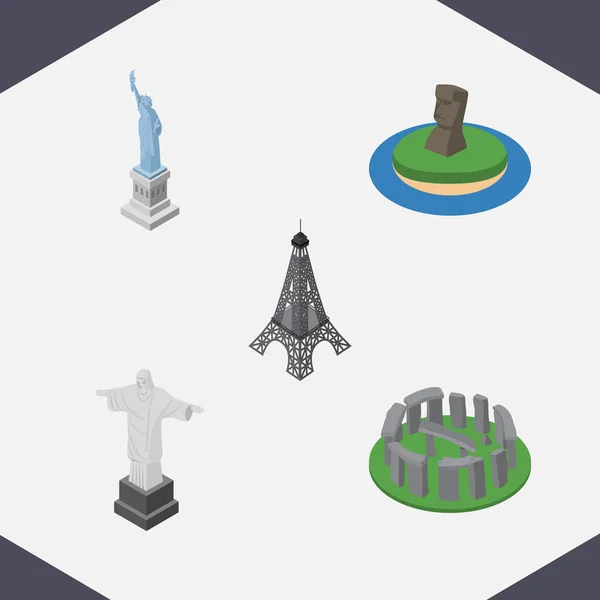Ciudades isométricas Conjunto de objetos vectoriales de Inglaterra, París, Chile. También incluye la libertad, Stonehenge, elementos MoAI . — Vector de stock