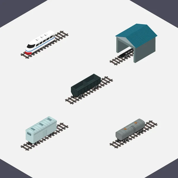 Isometrische Wagon Set Depot, Carbon Railway Container, spoorweg vervoer en andere vectorobjecten. Bevat ook elementen van steenkool, Depot, trein. — Stockvector