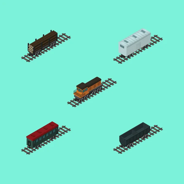 Isometrisches Transportset aus Kohlenstoff-Eisenbahncontainern, Eisenbahnwagen, Zügen und anderen Vektorobjekten. umfasst auch Bauholz, Kohle, Wagenelemente. — Stockvektor