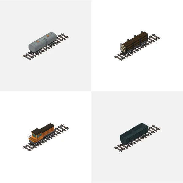 Isometrische Railway Set voor olie Wagon, Lumber verzend-, trein- en andere vectorobjecten. Ook bevat locomotief, Railway, Petroleum elementen. — Stockvector