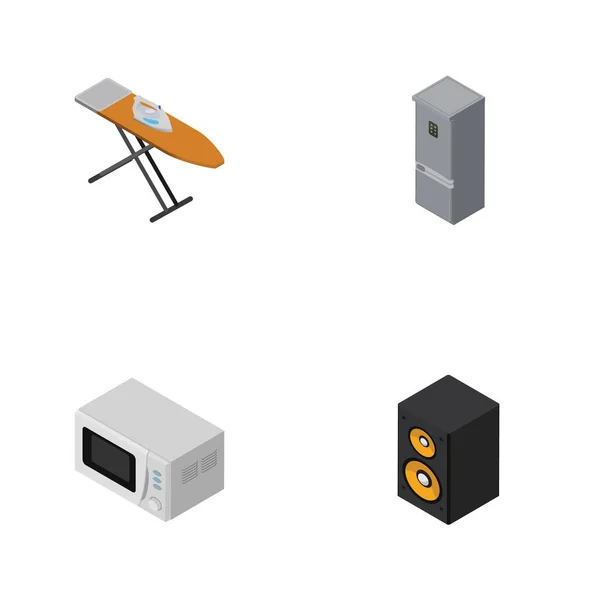 Conjunto de tecnología isométrica de caja de música, microondas, plancha de tela y otros objetos vectoriales. También incluye nevera, microondas, elementos musicales . — Vector de stock